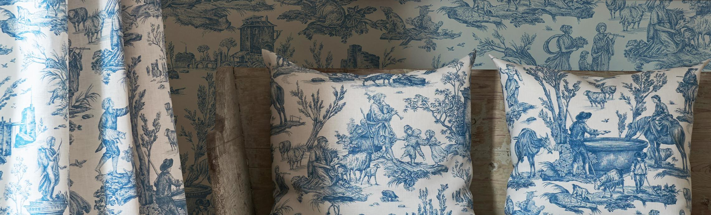 <p>Toile Baptiste design, blue Ciel colour, fabric and wallpaper.</p>