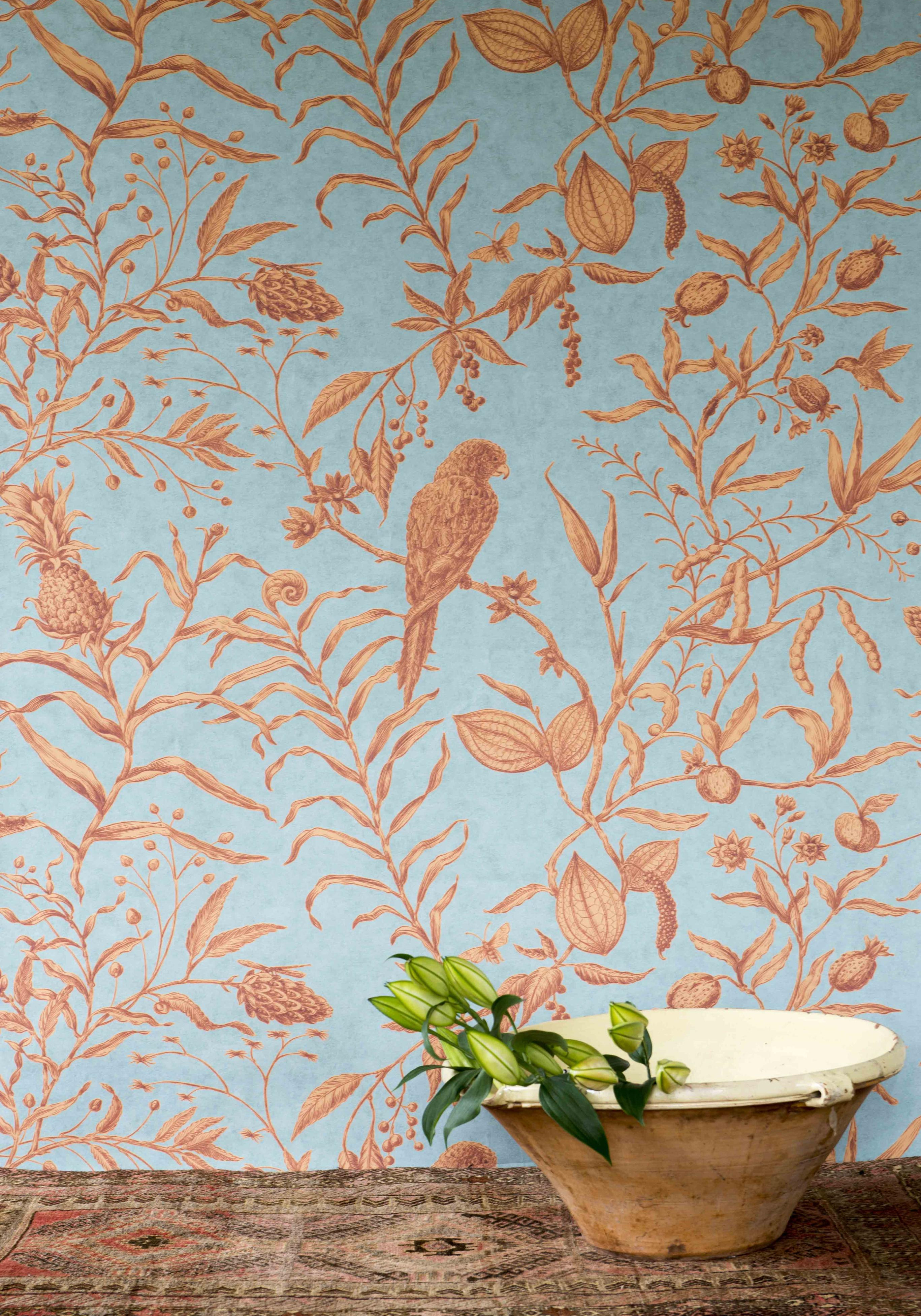 Squawk wallpaper in room, lewis and wood