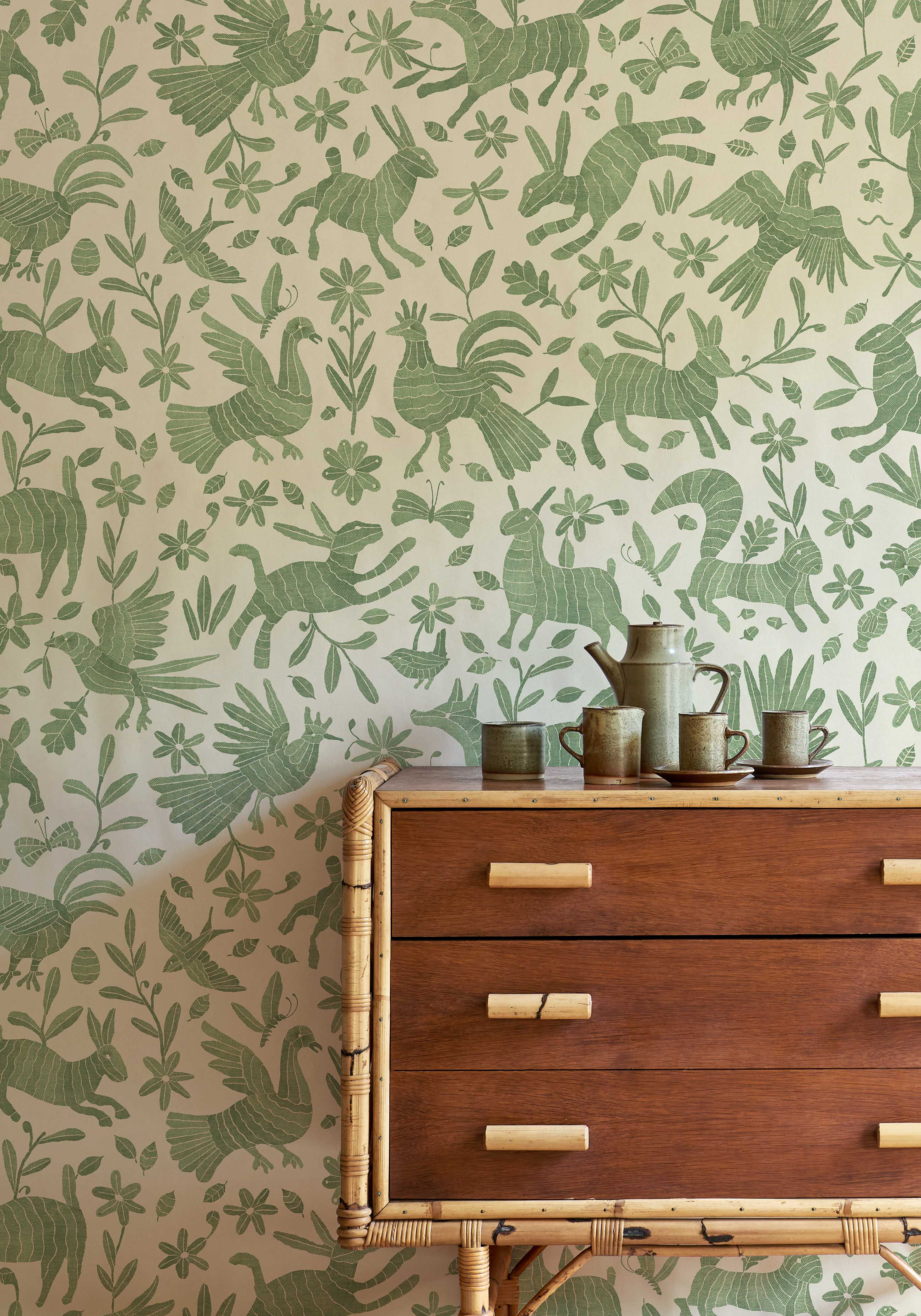 Otomi green wallpaper in living room lewis and wood