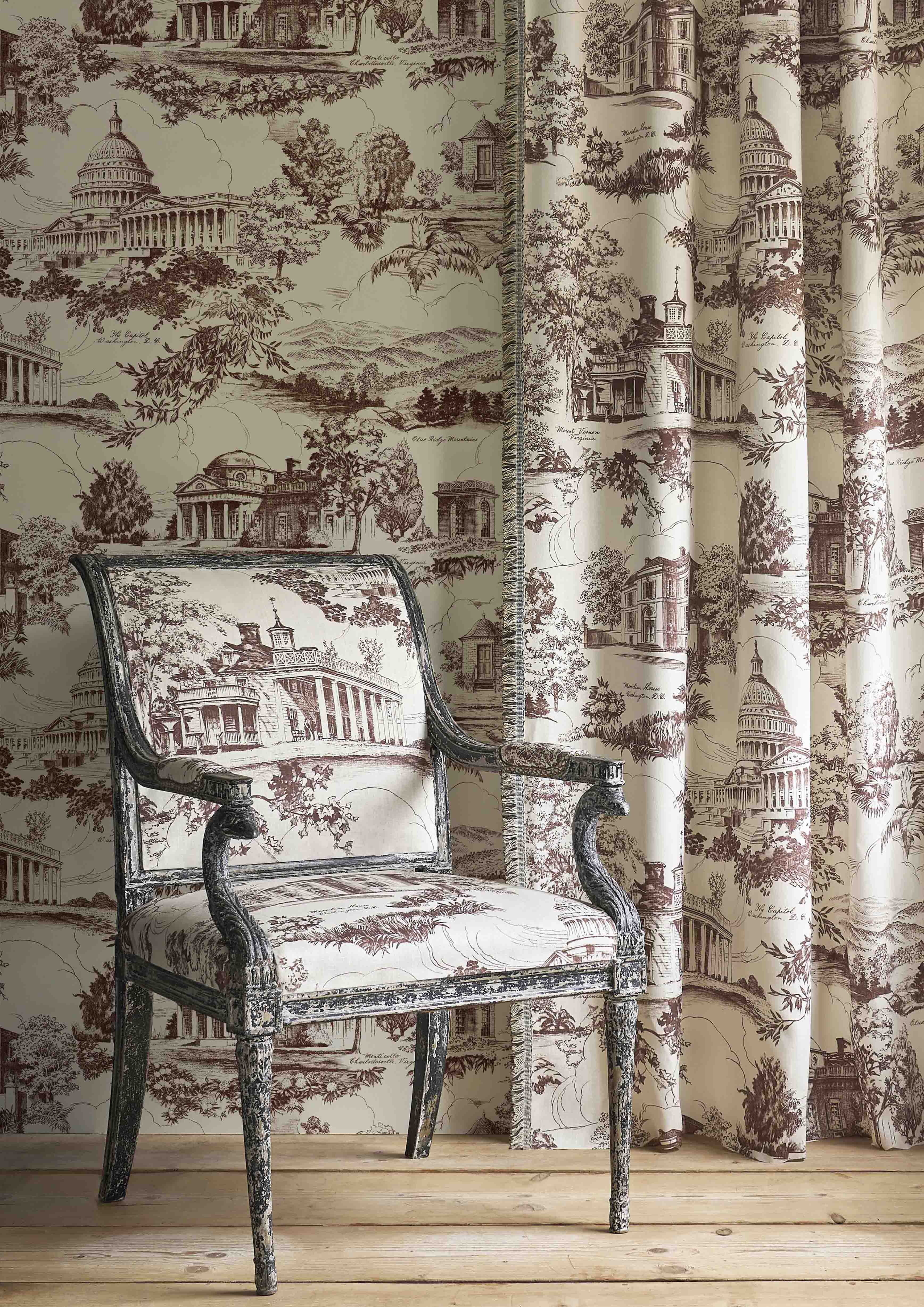 washington toile upholstered chair with matching curtains and wallpaper
