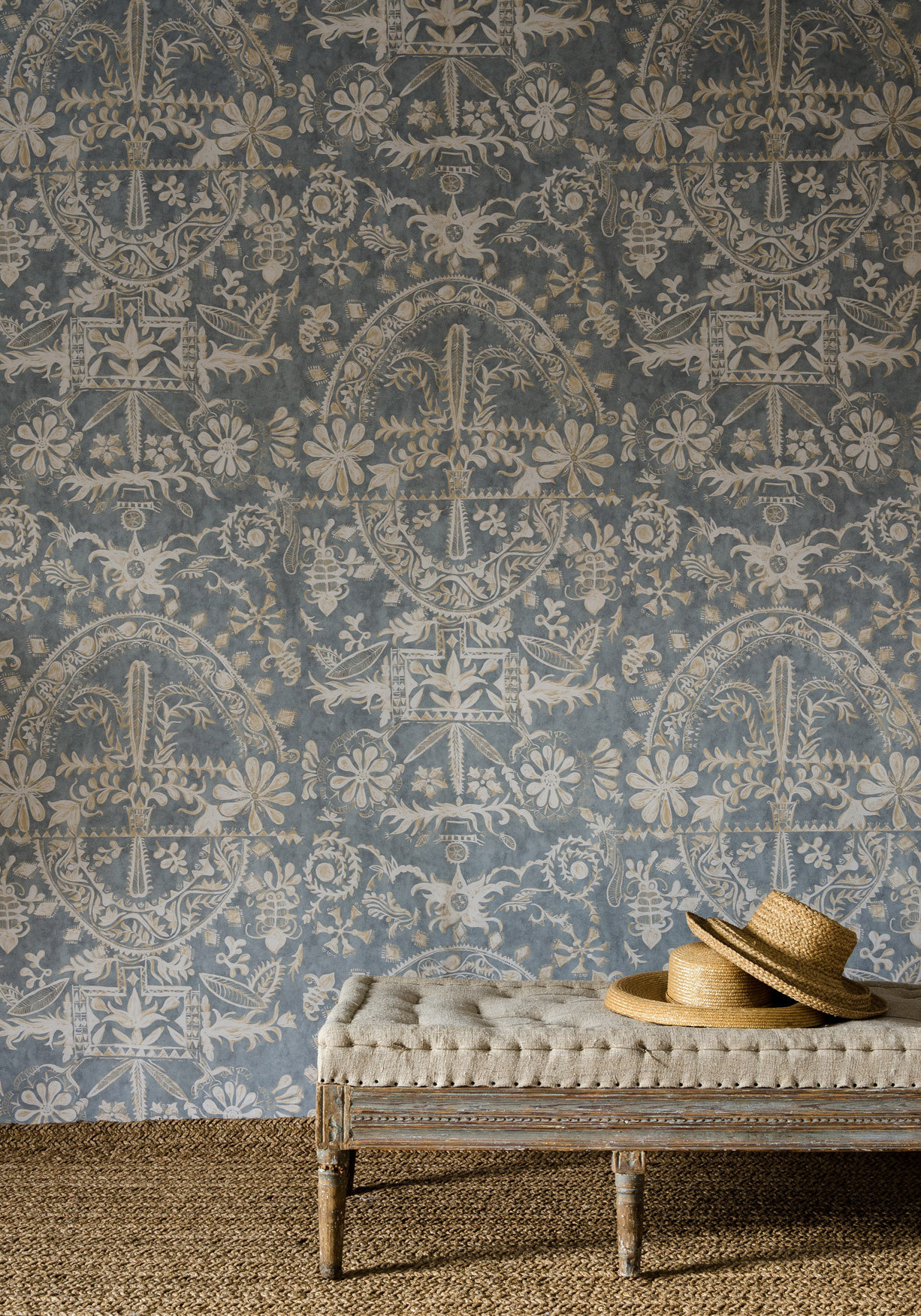 lewis and wood womad blue wallpaper in living room